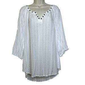 Torrid White Metallic Silver Stripe Grommet 3/4 Sleeve Tunic Top Women's Plus 2